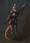 absurd_res anthro armor axe belt belt_pouch biped chainmail clothing couter cuirass cuisse digital_media_(artwork) digitigrade fantasy female flintchips full_armor fur furgonomics gauntlets gloves greaves handwear headgear helmet hi_res holding_melee_weapon holding_object holding_polearm holding_weapon knight mammal melee_weapon mercenary murid murine pauldron plate_armor polearm poleaxe poleyn rat red_eyes rodent sabatons shaded simple_background solo standing tail vambrace warrior weapon whiskers white_body white_fur