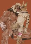 2023 absurd_res after_orgasm anthro balls biceps black_nipples black_nose black_spots bodily_fluids brown_body brown_fur collar collar_only cum duo erection fangs feet felid feline flaccid foot_fetish foot_on_penis foot_play foreskin fur genital_fluids genitals hi_res humanoid_feet humanoid_genitalia kemono lion looking_at_viewer male male/male mammal mane markings muscular muscular_anthro muscular_male nipples nude ooshiodaiki orange_background pantherine pecs penis plantigrade pointy_ears pubes serval simple_background size_difference spots spotted_body spotted_fur teeth whiskers