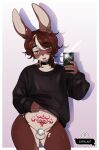 anthro balls black_choker black_clothing black_jewelry black_necklace black_sweater black_topwear blush blush_lines bottomless bottomless_male brown_body brown_fur brown_hair cellphone chastity_cage chastity_device choker clothed clothing digital_drawing_(artwork) digital_media_(artwork) ear_piercing ear_stud electronics english_description facial_piercing flat_chastity_cage fur genitals green_eyes hair hi_res holding_cellphone holding_object holding_phone holding_smartphone humanoid_hands jewelry lagomorph leporid male mammal metal_chastity_cage mirror mirror_selfie necklace no_underwear nose_piercing nose_ring open_mouth pantsless penis phone piercing pink_tongue presenting presenting_chastity_cage presenting_penis rabbit ring_piercing selfie septum_piercing septum_ring smartphone solo sweater tan_body tan_fur tan_inner_ear tongue topwear wearing_chastity_cage wearing_chastity_device womb_tattoo ziffir