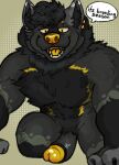 anthro black_body black_fur bottom_pov bulliart canid canine canis erection first_person_view fluffy fluffy_chest free from_front_position front_view fur genitals gold_piercing hair hi_res humanoid male mammal muscular muscular_anthro nude nude_anthro nude_male open_mouth pecs penis piercing smile solo solo_focus speech_bubble submissive submissive_pov teeth text wolf yellow_body yellow_eyes yellow_fur yellow_nose