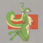 1:1 anthro arms_tied bdsm bedroom_eyes bent_legs bondage bound breasts crotch_rope female female_anthro flowerdino genitals green_body green_scales grey_background hands_behind_back hands_tied hi_res legs_tied lidded_eyes long_tail multicolored_body muzzle_(object) muzzled narrowed_eyes nipple_clamp nipple_fetish nipple_play nipples nude nude_anthro nude_female prehensile_tail pussy_floss red_background reptile rope scales scalie seductive simple_background smug snake solo submissive submissive_anthro submissive_female tail tan_body tape tape_bondage tape_muzzle two_tone_body vulva