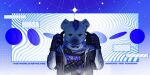 2026 2:1 anthro arknights bandolier black_hair blue_hair clothed clothing collar ear_piercing electronics english_text eyebrow_piercing facial_piercing fingerless_gloves fur gloves grey_body grey_fur hair handwear headphones hi_res holding_headphones holding_object hyena hypergryph looking_at_viewer male mammal markings multicolored_hair open_clothing piercing shirt solo spot_(arknights) spots spotted_body spotted_fur spotted_hyena stardust0520 studio_montagne text topwear two_tone_hair