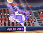 anthro avian ball basketball_(ball) bird bottomless bottomwear breasts clothed clothing corvid corvus_(genus) daison_the_fox exhibitionism eyewear feathers female footwear genitals glasses group hi_res jumping non-mammal_breasts oscine partially_clothed passerine public raven shoes skirt solo sportswear stadium uniform upskirt violet_raven_(valkyries) vulva wings
