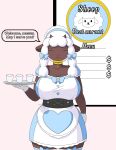absurd_res accessory anthro anuvisur_(artist) big_breasts bottomwear bovid bow_accessory breasts brown_body caprine clothing collar container corset cup english_text eyes_closed female fur generation_8_pokemon glass glass_container glass_cup gloves hair_accessory handwear heart_symbol hi_res horn lingerie looking_at_viewer maid_headdress maid_uniform mammal mature_female menu mother_(lore) nintendo parent_(lore) pink_nose pokemon pokemon_(species) restaurant sheep skirt smile solo speech_bubble text topwear tray uniform white_body white_fur wide_hips wool_(fur) wool_hair wooloo