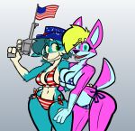 2026 4th_of_july american_flag american_flag_bikini animate_inanimate anthro aygee big_breasts bikini blonde_hair breasts canid canine canis clothing digital_drawing_(artwork) digital_media_(artwork) domestic_dog duo female female/female flag_bikini flag_swimwear fox fur green_eyes gun hair handgun hi_res holding_gun holding_handgun holding_object holding_ranged_weapon holding_revolver holding_weapon holidays husky inflatable living_inflatable living_latex looking_at_viewer mammal multicolored_body multicolored_fur nordic_sled_dog pink_body ranged_weapon revolver sofi_(aygee) spitz swimwear tail tan_body tan_fur teal_body teal_eyes teal_fur teal_hair trigger_discipline two-piece_swimsuit two_tone_body two_tone_fur united_states_of_america weapon wearing_hat white_body wide_hips xusky_(aygee)
