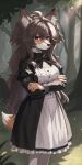 1:2 alternative_fashion anthro black_clothing black_dress breasts brown_body brown_fur brown_hair canid canine canis chest_tuft closed_smile clothed clothing countershading crossed_arms dipstick_tail domestic_dog dress female forest_background front_view fully_clothed fur goth gothic_lolita hair hi_res inner_ear_fluff j-fashion kemo_yuki lolita_(fashion) long_hair maid_uniform mammal markings mouth_closed outside red_eyes smile solo tail tail_markings tuft uniform