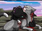2012 ashfur_(thunderclan) big_claws black_bars black_body black_fur blood blood_drip blood_from_mouth blood_in_mouth blood_on_claws blood_on_ground blood_on_hand blood_on_neck blue_eyes blush bodily_fluids claws cloud collar dangerous domestic_cat dripping duo ears_down eye_roll felid feline felis feral freckles fur fuzzy gore grass grey_body grey_fur half-closed_eyes ipann letterbox licking looking_at_viewer looking_up lying male male/male mammal narrowed_eyes neck_grab neck_lick nosebleed on_ground outside pivoted_ears plant purple_collar questionable_consent scourge_(warriors) sitting sky spiked_collar spikes submissive submissive_male sweat sweatdrop tail tongue tongue_out warriors_(book_series) wounded