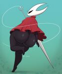 2025 2_horns anthro anthrofied arachnid arthropod big_butt biped black_body black_eyes bottomless breasts butt cloak cloak_only clothed clothing colored digital_media_(artwork) dr.dewott female grass green_background hi_res hollow_knight_(franchise) horn hornet_(hollow_knight) huge_butt looking_at_viewer looking_back medium_breasts on_one_leg plant shaded simple_background solo spider standing team_cherry thick_thighs tiptoes wide_hips
