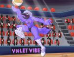 anthro avian ball basketball_(ball) bird bottomless breasts clothed clothing corvid corvus_(genus) daison_the_fox eyewear feathers female footwear glasses group hi_res jumping non-mammal_breasts oscine partially_clothed passerine public raven shoes solo sportswear stadium underwear uniform violet_raven_(valkyries) wings