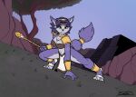 adventurer anthro blue_body blue_fur blue_hair breasts butt canid canine choker claws collar crown elmistorr female fluffy forest fox fur grass green_eyes hair happy headgear jewelry krystal_(star_fox) laugh mammal markings messy_hair nature nature_background necklace nintendo plant ruins seductive short_hair slim solo staff star_fox tail tiara tree tribal tribal_clothing tribal_jewelry tribal_markings wet
