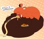 4_arms ailurid anthro belly belly_rolls big_belly big_breasts big_butt biped black_body breasts butt claws countershade_face countershading custard_(food) cutlery dessert dialogue double_chin eating english_text eyebrows fat_arms fat_legs featureless_breasts feedism female flan food hair happy hi_res holding_spoon holding_tray hose huge_belly huge_breasts huge_butt hyper hyper_belly hyper_breasts hyper_butt immobile kitchen_utensils lying malachyte mammal markings morbidly_obese morbidly_obese_anthro morbidly_obese_female multi_arm multi_limb multicolored_body nude obese obese_anthro obese_female on_front open_mouth overweight overweight_anthro overweight_female pink_nose pudding red_body red_hair red_panda ring_(marking) ringed_tail short_hair simple_background solo speech_bubble spoon striped_markings striped_tail stripes tail tail_markings tail_motion tailwag teeth text tongue tools white_body white_countershading