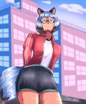 5:6 absurd_res anthro brand_new_animal canid canine city city_background clothing dr-artdark female hair happy hi_res jacket low-angle_view mammal michiru_kagemori raccoon_dog short solo studio_trigger sunset tanuki topwear