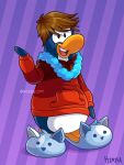 anthro artist_name avian bird blue_body blue_fur blue_slippers brown_hair cat_slippers clothing club_penguin full-length_portrait fur hair hi_res hoodie kimbacpt lei looking_at_viewer male open_mouth pattern_background penguin portrait purple_background red_clothing red_hoodie red_topwear short_hair signature simple_background solo striped_background text topwear upper_teeth_only
