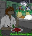 angelo(wolfsona) anthro antlers apron bear blood blue_eyes bodily_fluids brown_eyes brown_hair canid canine canis clothing corpse covering cutlery dark_room death deer domestic_dog door eating embalming floor food fork full_mouth fur furniture gloves gore green_clothing green_shirt green_topwear group hair handwear hi_res horn husky kitchen_utensils knife latex latex_clothing latex_gloves latex_handwear male mammal meat medical_gloves metal_chair metal_table mirror morgue mortuary_cabinet multicolored_body multicolored_fur navy_blue_neckwear nordic_sled_dog plate raw_meat rolled_up_sleeves shaded shirt shocked sink spitz surgical_light table the_wolfsona tile tile_floor tile_wall tools topwear trio two_tone_body two_tone_fur wall_(structure) watermark white_clothing white_sclera white_shirt white_topwear wolf yellow_eyes