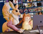 2026 3d_(artwork) 4_fingers 5:4 absurd_res anthro bandai_namco black_sclera blender_(artwork) blue_eyes blurred_background breasts brown_body brown_eyes brown_fur butt canid canine claws clothing computer_keyboard computer_mouse digimon digimon_(species) digital_media_(artwork) domestic_cat double_tomoe dress duo e621 electronics eyewear felid feline felis female fingers fox fur furniture gameoverse glitch_productions gloves goggles half-closed_eyes handwear heartlessangel3d hi_res kit_bodega mammal microsoft microsoft_surface minidress monitor mostly_nude narrowed_eyes nipples open_mouth raised_tail red_eyes renamon table tail teeth tomoe_(symbol) tongue white_body white_fur yellow_body yellow_fur yin_yang