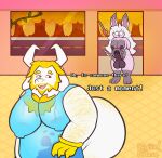 anthro arm_hair aroused asgore_dreemurr balls big_balls big_breasts big_butt blonde_hair bodily_fluids body_hair bovid breasts building butt butt_hair caprine chest_hair clothed clothing comic_panel deltarune dialogue digitalkibou door duo ears_up erection excited floor fur genitals gloves goat gynomorph gynomorph/male hair hairy handwear hi_res horn huge_breasts huge_butt imminent_sex intersex intersex/male kibou_(digitalkibou) king lagomorph leporid long_hair looking_back male mammal moobs nipples open_door open_mouth overweight overweight_anthro overweight_male partially_clothed pink_body plant rabbit red_eyes road royalty scientific_instrument slightly_chubby store street surprised sweat sweatdrop text thermometer translucent translucent_clothing tree undertale_(series) unexpected white_hair window yellow_body yellow_fur