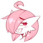 1:1 2026 ahoge ambiguous_gender blush choker eyebrow_through_hair eyebrows eyelashes eyeliner frowntown gardevoir generation_3_pokemon grin hair hair_over_eye hi_res humanoid jewelry makeup necklace nintendo one_eye_obstructed pink_(frowntown) pokemon pokemon_(species) portrait simple_background smile solo teeth toothy_smile translucent translucent_hair white_back