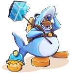 1:1 ambiguous_gender anthro aquarium artist_name avian bird blue_helmet club_penguin duo eyewear feral fish_tank gold_puffle hi_res jet_pack letlab0611 male miner_helmet penguin puffle shark_costume simple_background sunglasses text vivarium white_background