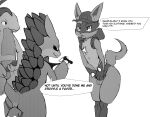 2021 anthro balls biped clothing covering covering_crotch dialogue digital_drawing_(artwork) digital_media_(artwork) digitigrade english_text female female_anthro generation_1_pokemon generation_3_pokemon generation_4_pokemon genitals group grovyle hat headgear headwear hi_res looking_at_another lucario male male/male male_anthro minzemilk monochrome monster_mind mostly_nude mostly_nude_anthro mostly_nude_male nintendo paws penis pokemon pokemon_(species) sandslash simple_background slim slim_anthro slim_female slim_male smile smirk speech_bubble text three-quarter_view trio white_background