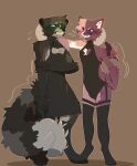 absurd_res anthro back_wings black_clothing black_dress blue_eyes blush bodysuit calico_cat clothing confident confident_male digitigrade domestic_cat dress duo fangs felid feline felis femboy fluffy fluffy_tail fur green_blush green_eyes grey_body grey_fur hi_res jasper_(toasty_teddy) legwear male mammal markings nervous pink_body pink_fur procyonid purple_blush purple_body purple_fur raccoon shaded skinsuit striped_markings striped_tail stripes tail tail_markings teeth thigh_highs tight_clothing toasty_teddy victor_(mrmoopne) watermark wings