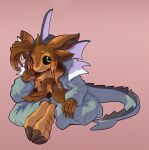 2023 4_arms 4_ears alex_(overgrown_lizards) ambiguous_anthro ambiguous_gender anthro arm_on_leg arm_on_own_leg avali brown_body clothing costume eeveelution feather_hair feathers feet_together fin generation_1_pokemon green_eyes hand_on_leg hand_on_own_leg hands_together hands_together_elbows_apart hi_res holding_clothing holding_object long_sleeves looking_at_viewer mendobear monotone_background multi_arm multi_ear multi_limb nintendo pink_background pokemon pokemon_(species) pokemon_costume pseudo_hair simple_background sitting solo tail unzipped_clothing vaporeon winged_arms wings