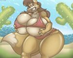 2021 anthro artist_name beach bedroom_eyes big_breasts bikini bikini_bottom bikini_top black_hair breasts brown_eyes cactus canid canine canis clothing cloud coyote digital_media_(artwork) female fur hair hand_on_breast huge_breasts june_coyote mammal multicolored_body multicolored_fur narrowed_eyes plant sand seaside seductive sky smile smiling_at_viewer solo swimwear tan_body tan_fur teeth text thick_thighs two-piece_swimsuit two_tone_body two_tone_fur virus-20 water