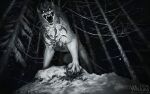 2016 2_horns ambiguous_gender big_claws black_and_white body_horror chest_legs claws creepy creepy_face dark darkness demon detailed detailed_background fangs felid feline feral fluffy forest forest_background fur fuzzy glowing glowing_eyes greyscale horn horror_(theme) insect_legs long_claws long_fangs looking_at_viewer low-angle_view mammal monochrome monster neck_legs night open_mouth open_smile plant pointy_ears scary shaded sharp_teeth showing_teeth sign smile snow solo standing tail teeth tree unknown_species whiluna white_body white_eyes white_fur winter