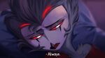 2024 anthro avian beak bird blurred_background close-up demon dialogue english_text eyelashes hair half-closed_eyes headshot_portrait hellaverse helluva_boss hi_res killiansatoru lying male male_anthro narrowed_eyes owl owl_demon portrait pupils red_eyelashes red_sclera resting sad solo stolas_(helluva_boss) text white_pupils