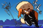 3:2 absurd_res action_scene afro alectrona_(daletfours) angry anthro arcanine attack attacking_viewer background_character big_breasts big_bulge biped black_nose bodysuit boots breasts bulge canid canine city city_background cityscape clothed clothing daletfours english_text fight footwear fur generation_1_pokemon genital_outline gynomorph gynomorph_anthro hair hi_res intersex intersex_anthro iridescent_eyes japanese_text latex latex_bodysuit latex_clothing latex_skinsuit looking_at_viewer mammal mature_gynomorph mature_intersex motion_lines nintendo nipple_outline no_bra onomatopoeia orange_body orange_fur outside pokemon pokemon_(species) purple_eyes ranged_weapon running running_towards_viewer shoes skinsuit sound_effects tail text tight_clothing weapon