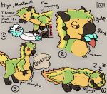 anthro belly benadryl_buckshot bird_wyvern blue_body blush burping capcom clothing dialogue digestion duo endosoma english_text fatal_vore felid feline feral feral_pred green_body hi_res male mammal mango_(benadryl_buckshot) monster_hunter mph! oral_vore rumbling_stomach safe_vore seikret serval shirt sleeping smile swallowing tail text thick_thighs tongue tongue_out topwear vore white_clothing white_shirt white_topwear