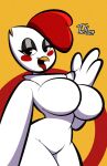 anthro avian avian_caruncle beak big_breasts bird blush breasts chicken comb_(anatomy) diego_mejia eyeshadow featureless_breasts female galliform head_crest hi_res la_pechugona looking_at_viewer makeup non-mammal_breasts phasianid solo thick_thighs tongue tongue_out white_body wide_hips