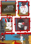 2spot_studio absurd_res ambiguous_gender animate_inanimate annoyed anthro bandage bandage_head belt bloody_bunny bloody_bunny_(series) bottomwear box breasts breath brick brick_wall cardboard cardboard_box caught caught_in_the_act clothed clothing comic comic_panel container cover cover_art cover_page crossover dialogue digital_media_(artwork) doll door duo electronics english_text exclamation_point eyes_closed eyewear female floating_hands fur glasses grey_body grey_skin hank_j._wimbleton hi_res kerchief knife lagomorph leporid living_doll looking_at_another looking_away madness_combat mammal mask melee_weapon multicolored_eyes nevadean_(madness_combat) otakon_(artist) profanity rabbit radio red_eyes red_eyewear red_glasses red_inner_ear sigh stitch_(sewing) tail text topwear wall_(structure) weapon white_body white_fur yellow_eyes