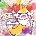 >o< 1:1 2024 accessory ambiguous_anthro ambiguous_gender annyui0611 anthro balloon biped birthday_cake blush blush_stickers bow_ribbon braixen cake candle canid cute_fangs dessert digital_drawing_(artwork) digital_media_(artwork) dipstick_tail fangs food front_view generation_6_pokemon hair_accessory hair_bow hair_ribbon half-length_portrait heart_symbol hi_res holding_cake holding_candle holding_food holding_object inflatable japanese_description mammal markings nintendo object_in_tail on_one_leg open_mouth open_smile pokemon pokemon_(species) portrait ribbons shrimp_(food) smile solo standing stick stick_in_tail tail tail_markings teeth translated_description