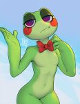 2026 absurd_res amphibian anthro biped bow_tie bow_tie_only breasts countershade_torso countershading digital_drawing_(artwork) digital_media_(artwork) featureless_breasts featureless_crotch female fingers frog front_view glitch_productions hi_res looking_at_viewer mostly_nude mostly_nude_anthro mostly_nude_female navel non-mammal_breasts non-mammal_navel red_bow_tie ribbit_(tadc) simple_background small_breasts smile solo standing the_amazing_digital_circus togaed
