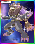 4:5 absurd_res alternate_version_at_source anthro baristagamerproductions border breasts female generation_5_pokemon gold_(metal) hair hi_res light lighting multicolored_border nebula nintendo overlay_layer pokemon pokemon_(species) pose rainbow_border shaded shiny_pokemon sky smile smiling_at_viewer solo sparkles thick_lineart under_boob zoroark