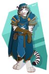 anthro brown_clothing brown_gloves brown_handwear clothing felid gloves handwear hi_res hood kael_tiger male mammal pantherine shirt shoulder_pads solo tiger topwear tunic white_body
