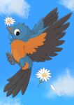 2023 absurd_res ambiguous_gender avian avian_feet beak bird black_body black_eyes black_feathers black_wings blue_body blue_feathers bluebird claws cloud day digital_media_(artwork) feathered_wings feathers feet feral flower flying fusau grey_beak hi_res multicolored_body multicolored_feathers open_mouth orange_body orange_feathers oscine outside passerine plant side_view sky smile solo spread_wings tail tail_feathers talons thrush_(bird) toes wings