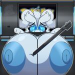 1:1 absurd_res anthro areola big_breasts blue_eyes blue_nipples blush breast_squish breasts dragon female fur generation_5_pokemon hi_res huge_breasts legendary_pokemon lukazmx mythological_creature mythological_scalie mythology nintendo nintendo_3ds nintendo_ds_family nipples nude pokemon pokemon_(species) reshiram scalie solo squish white_body white_fur