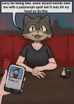 2026 :3 :d after_transformation animal_head animal_humanoid big_eyes black_clothing black_nose black_shirt black_t-shirt black_topwear breasts brown_body brown_fur cat_humanoid catfishing cellphone cheek_tuft clothing condiment condiment_bottle crooked_whiskers date dating_app dialogue dining_table electronics english_text facial_tuft fangs felid felid_humanoid feline feline_humanoid female first_person_view flintchips for_a_head fur gesture half-length_portrait head_tuft hi_res human_to_humanoid humanoid ketchup_bottle kimmy_(flintchips) looking_at_viewer mammal mammal_humanoid medium_breasts mostly_offscreen_character multicolored_body multicolored_fur open_:3 open_mouth partial_transformation pepper_shaker phone portrait pupils restaurant salt_shaker seat shaded shirt sitting slit_pupils smartphone smile social_media solo species_transformation speech_bubble t-shirt talking_to_viewer teeth text topwear transformation transformation_through_magic triangle_nose tuft two_tone_body two_tone_fur waving whiskers yellow_eyes