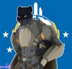 absurd_res anthro armor bell black_body black_fur budd_(theblack_tigerbudd) clothing crossover digital_media_(artwork) felid feline flag flag_background front_view fur gauntlets gloves green_eyes grey_body grey_fur handwear hat headgear headwear helldivers helmet hi_res holding_armor holding_headgear holding_helmet holding_object looking_at_viewer machine male mammal muscular pantherine pauldron portrait power_armor shoulder_guards shyryp signature solo star stripes tiger whiskers