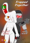 2spot_studio absurd_res age_restriction ambiguous_gender animate_inanimate anthro belt bloody_bunny bloody_bunny_(series) blush bodily_fluids bottomwear breasts character_name clothed clothing coat comic cover cover_art cover_page crossover digital_media_(artwork) doll duo english_text eyewear female fur genitals glasses grey_body gun hank_j._wimbleton headgear headwear hi_res holding_object holding_weapon kerchief knife lagomorph leporid living_doll looking_at_another madness_combat mammal mask melee melee_weapon multicolored_eyes nevadean_(madness_combat) otakon_(artist) rabbit ranged_weapon red_eyes red_eyewear red_glasses red_nose stitch_(sewing) submachine_gun tailless text topwear uzi vulva weapon white_body white_fur yellow_eyes