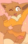 2026 4_fingers anthro balls bottomwear brown_body brown_eyes brown_fur brown_hair brown_inner_ear brown_nose cat_smile cheek_tuft clothed clothing crop_top crossdressing crossdressing_male cute_fangs eevee erection facial_tuft fangs femboy fingers fur generation_1_pokemon genitals geometric_background gesture gradient_background grid_background hair hand_gesture hi_res humanoid_genitalia humanoid_penis legwear long_sleeves looking_at_viewer male midriff miniskirt navel neck_tuft nintendo ohalphabetboyy on_one_leg one_eye_closed open_mouth open_smile orange_clothing orange_crop_top orange_miniskirt orange_shirt orange_topwear pattern_background penis pink_penis pokemon pokemon_(species) pupils shirt simple_background skirt smile smiling_at_another solo sparkles standing tail tan_body tan_clothing tan_fur tan_legwear tan_thigh_highs teeth thick_thighs thigh_highs topwear tuft v_sign white_pupils wink
