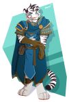 anthro brown_clothing brown_gloves brown_handwear clothing felid gloves handwear hi_res kael_tiger male mammal pantherine shirt shoulder_pads solo tiger topwear tunic white_body