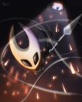 anthro arachnid arthropod black_body black_eyes breasts butt chiru13 featureless_feet feet female front_view hi_res holding_object holding_weapon hollow_knight_(franchise) hornet_(hollow_knight) nude solo spider team_cherry weapon white_body
