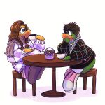 1:1 anthro argyle_(pattern) argyle_clothing argyle_print argyle_topwear avian bird black_clothing black_jacket black_topwear brown_hair brown_scarf cake chair clothing club_penguin container cup dessert duo female food footwear fur furniture green_body green_fur hair hi_res holding_container holding_cup holding_object holding_tea_cup jacket letlab0611 long_hair looking_at_another male multicolored_clothing multicolored_footwear multicolored_shoes multicolored_topwear open_mouth pattern_clothing pattern_topwear penguin pink_clothing pink_footwear pink_jacket pink_shoes pink_topwear print_clothing print_jacket print_topwear scarf shoes short_hair simple_background sitting table tea_cup topwear two_tone_clothing two_tone_footwear two_tone_jacket two_tone_shoes two_tone_topwear upper_teeth_only white_background white_clothing white_footwear white_jacket white_shoes white_topwear yellow_body yellow_fur