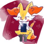 1:1 2024 :< ambiguous_anthro ambiguous_gender annyui0611 anthro biped blush blush_stickers braixen canid cellphone chibi digital_drawing_(artwork) digital_media_(artwork) digitigrade electronics food full-length_portrait generation_6_pokemon holding_cellphone holding_object holding_phone holding_smartphone japanese_description looking_down mammal nintendo object_in_tail phone phone_flash pokemon pokemon_(species) portrait shrimp_(food) simple_background smartphone solo standing tail translated_description