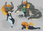 absurd_res armor big_butt black_body boobazaur breasts butt canid canine canis duo featureless_breasts featureless_crotch feet female feral front_view fur green_markings grey_background grey_body grey_fur hair headgear helmet hi_res humanoid humanoid_pointy_ears imp link_(wolf_form) lying male mammal markings midna navel nintendo on_front one_eye_obstructed orange_hair pointy_ears red_eyes simple_background small_breasts smile snaggle_tooth the_legend_of_zelda thick_thighs twili twilight_princess wide_hips wolf yellow_sclera