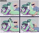 absurd_res anthro artist_name bald bangs baryonyx big_breasts blush bottomless bottomless_anthro bottomless_female breasts butt canon_couple cavemanon_studios cellphone clothed clothed_human clothed_male clothing colored comic crop_top dinosaur duo eddodoodle electronics eyewear face_in_ass female female_on_human fingers freckled_butt freckled_face freckled_shoulders freckled_tail freckles frown green_body green_hair grey_background grey_eyes hair half-closed_eyes hand_on_tail heart_symbol hi_res holding_cellphone holding_object holding_phone holding_smartphone human human_on_anthro humanoid_hands i_wani_hug_that_gator inco_(iwhtg) interspecies licking licking_lips long_hair looking_at_another looking_back looking_pleasured lying male male/female male_on_anthro mammal narrowed_eyes non-mammal_breasts obscured_oral olivia_halford on_front open_mouth phone ponytail prehistoric_species purple_clothing purple_crop_top purple_shirt purple_topwear reptile saurischian scalie shaded shirt side_view simple_background smartphone smile spinosaurid sunglasses surprised tail tear_trough text theropod tongue tongue_out topwear wearing_sunglasses wide_eyed yellow_sclera