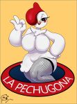 anthro avian avian_caruncle beak big_breasts bird blush breasts chicken clothing comb_(anatomy) featureless_breasts female fishnet_clothing fishnet_legwear galliform head_crest heart_eyes heart_symbol hi_res la_pechugona legwear looking_at_viewer n-ronin non-mammal_breasts one_eye_obstructed phasianid solo spanish_text text thick_thighs white_body wide_hips