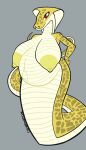 anthro apode areola artist_name belly big_areola big_belly big_breasts big_tail breasts cobra digital_media_(artwork) draconcopode drwrandom female flat_colors hand_on_hip hi_res legless long_tail navel nipples nude outie_navel pregnant pupils red_eyes reptile scales scalie serpentine signature simple_background slit_pupils snake snake_hood solo tail text wide_hips yellow_body